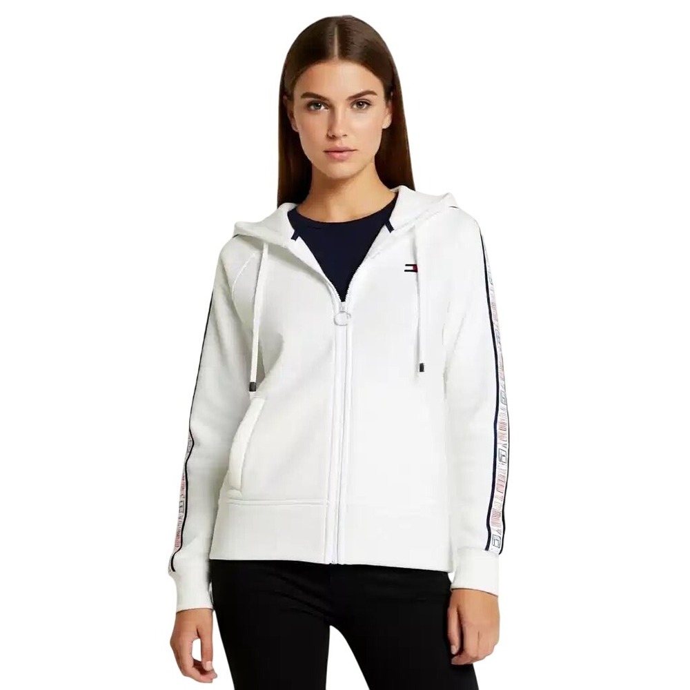 Tommy Hilfiger Sport Womens White Fleece Full Zip Logo Tape Hoodie L NWT